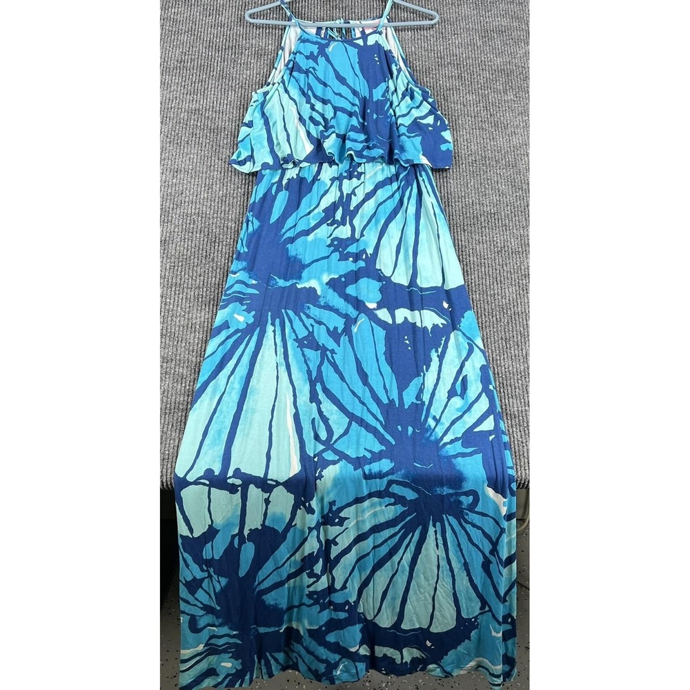 Lilly Pulitzer Dress Womens Small Blue Tie Dye Halter Maxi Ruffle Sundress